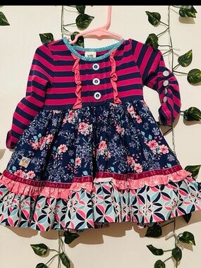 Wildflowers Navy & Pink Striped Floral Ruffle Dress